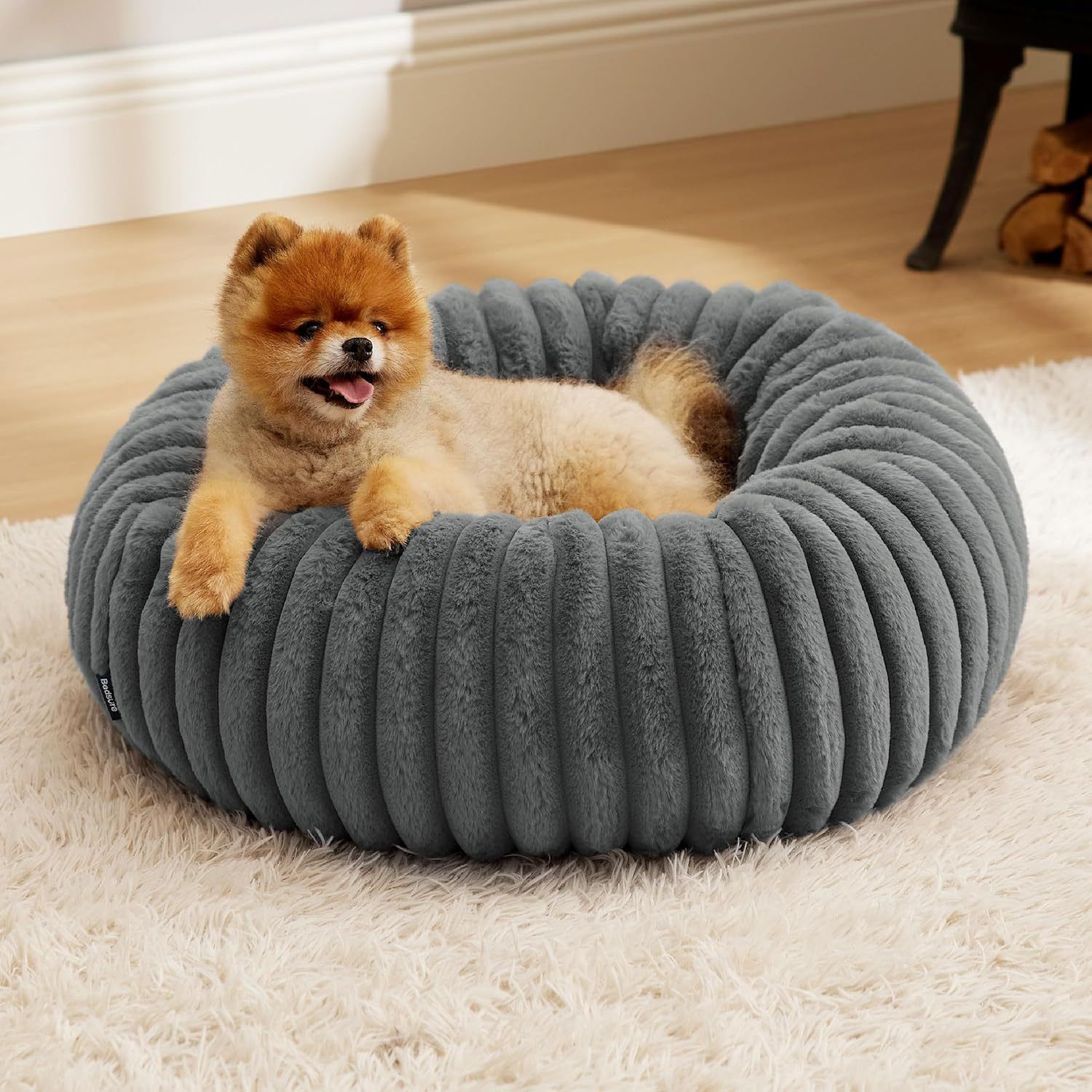 Calming Donut Pet Bed - Faux Rabbit Fur Soft Warm Round Cat Dog Bed - Plush Cozy Cuddler for Small Dogs Cats - Gray L 80cm - Image 1