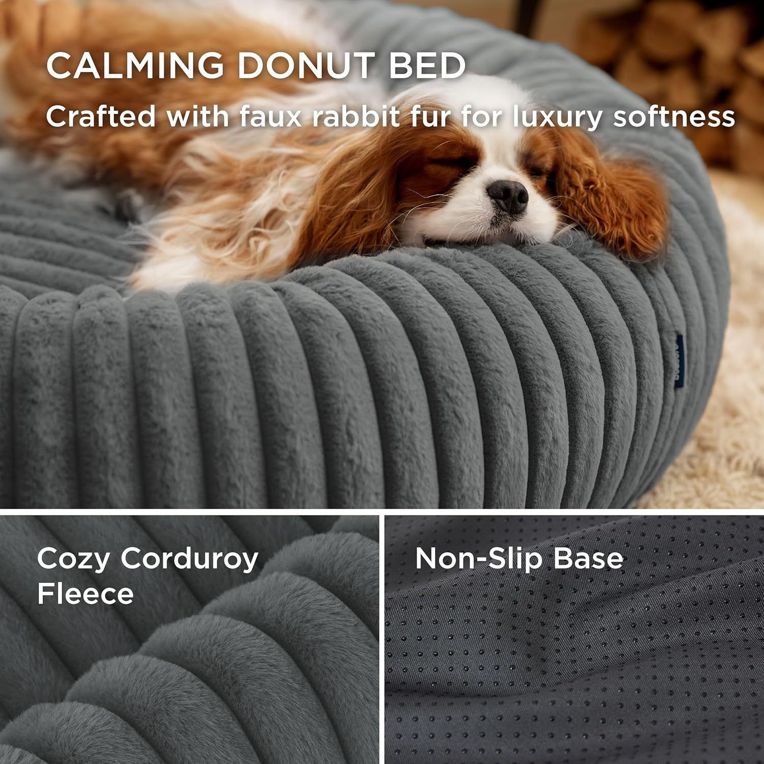 Calming Donut Pet Bed - Faux Rabbit Fur Soft Warm Round Cat Dog Bed - Plush Cozy Cuddler for Small Dogs Cats - Gray M 70cm - Image 3