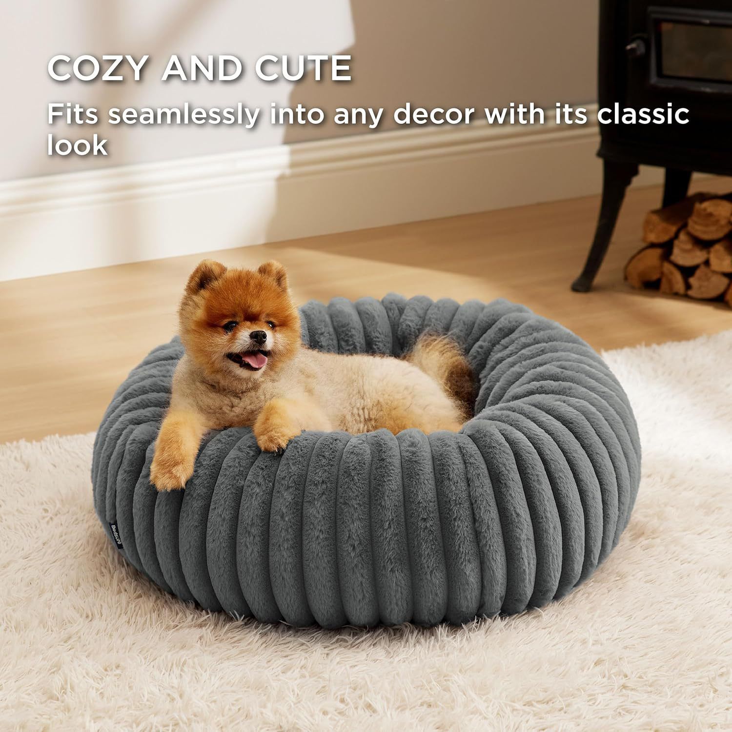 Calming Donut Pet Bed - Faux Rabbit Fur Soft Warm Round Cat Dog Bed - Plush Cozy Cuddler for Small Dogs Cats - Gray XL 90cm - Image 2