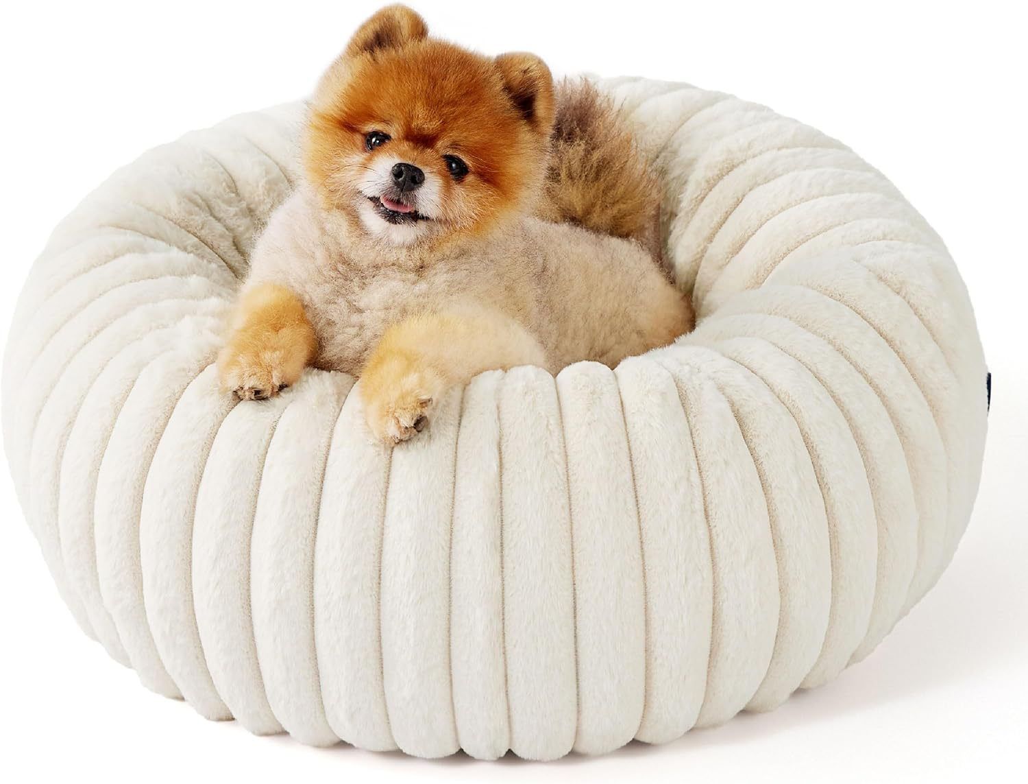Calming Donut Pet Bed - Faux Rabbit Fur Soft Warm Round Cat Dog Bed - Plush Cozy Cuddler for Small Dogs Cats - Off White L 80cm - Image 3
