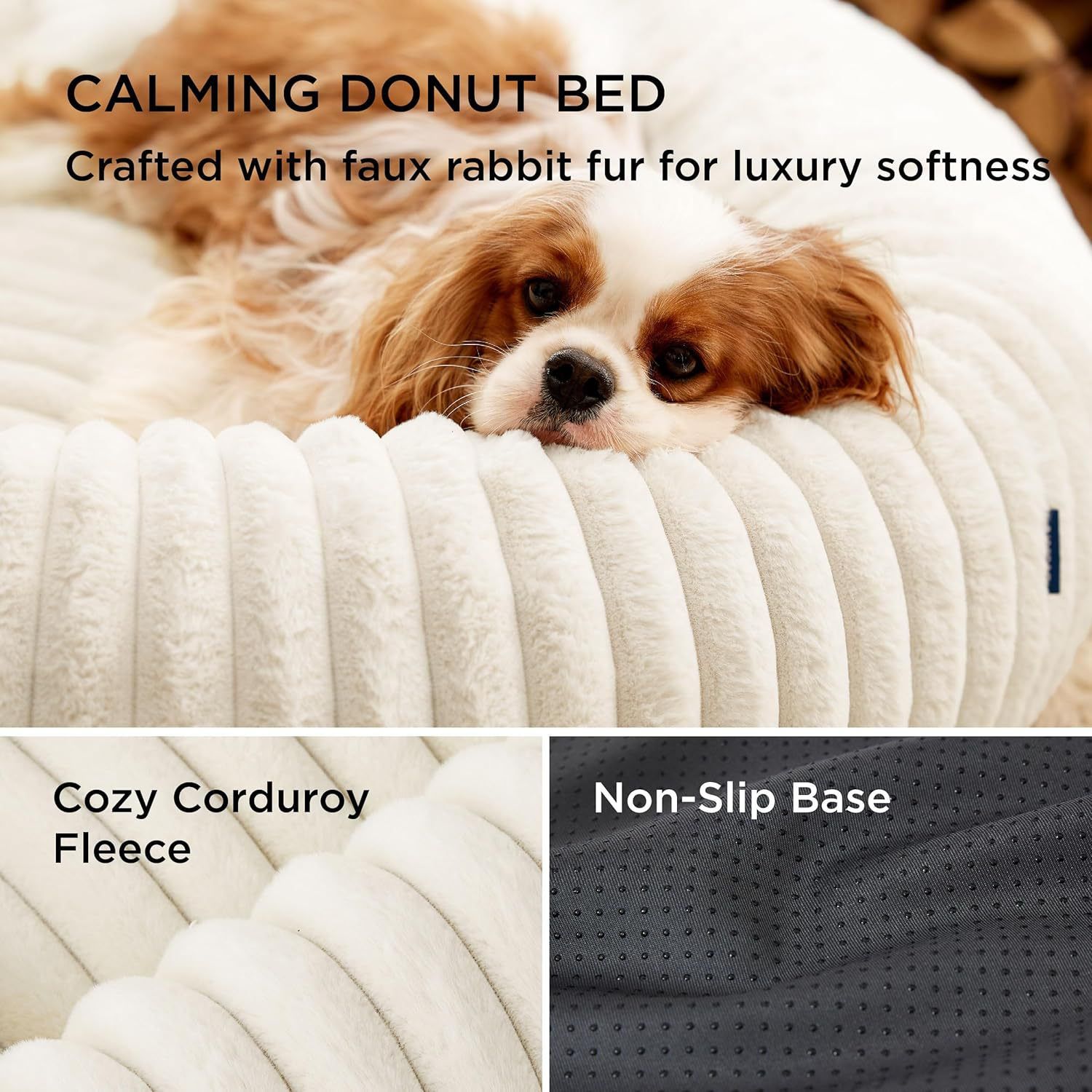 Calming Donut Pet Bed - Faux Rabbit Fur Soft Warm Round Cat Dog Bed - Plush Cozy Cuddler for Small Dogs Cats - Off White S 60cm - Image 2