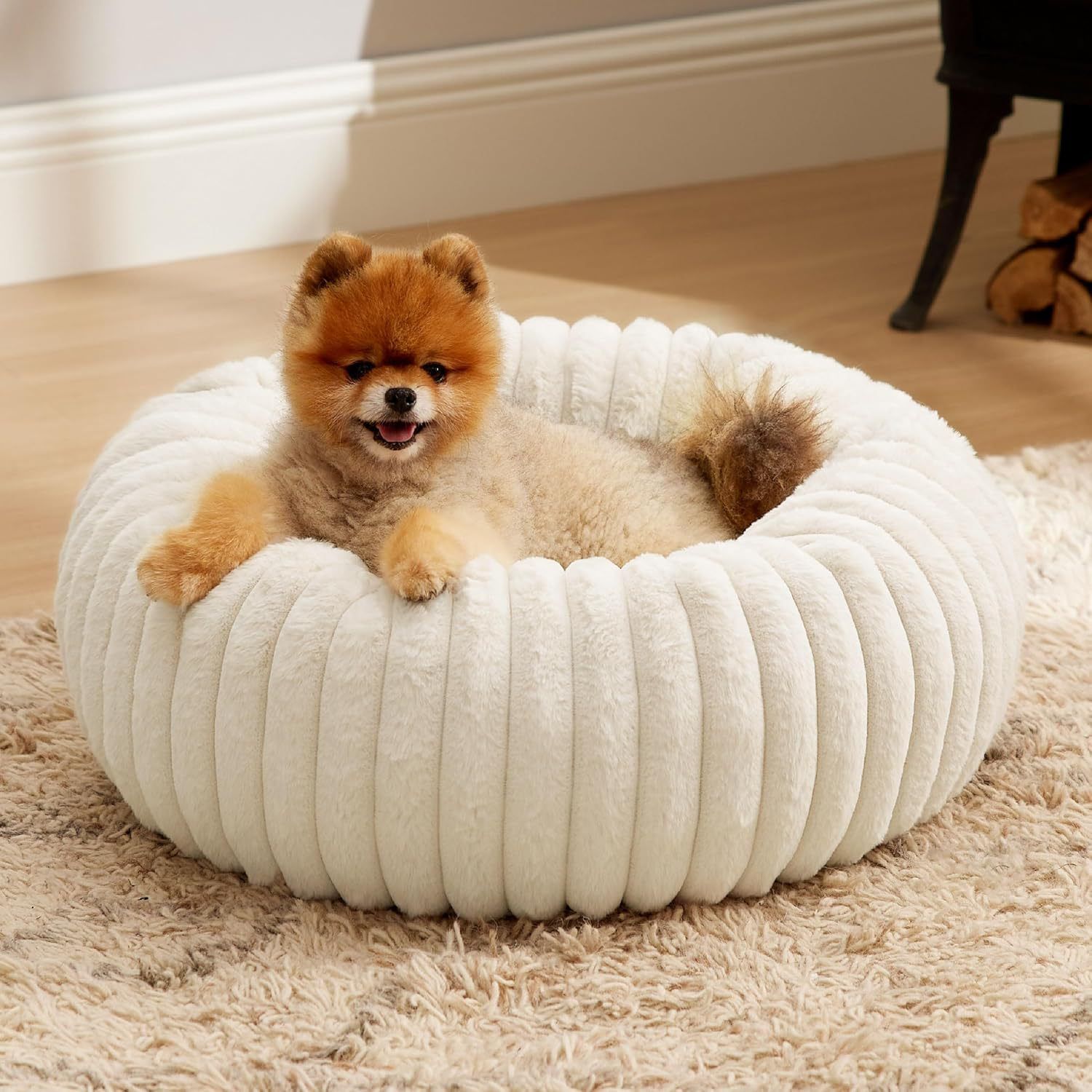Calming Donut Pet Bed - Faux Rabbit Fur Soft Warm Round Cat Dog Bed - Plush Cozy Cuddler for Small Dogs Cats - Off White XL 90cm - Image 1