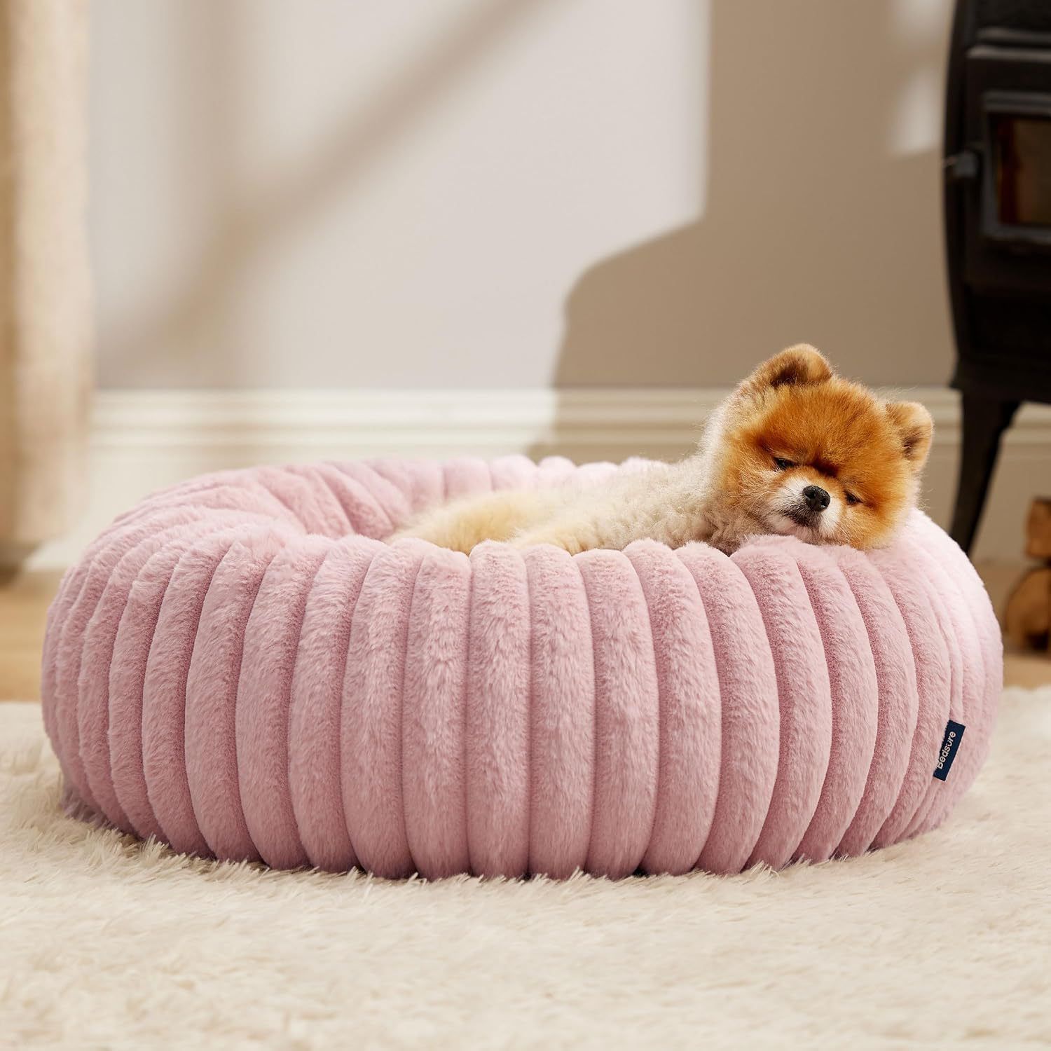 Calming Donut Pet Bed - Faux Rabbit Fur Soft Warm Round Cat Dog Bed - Plush Cozy Cuddler for Small Dogs Cats - Pink M 70cm - Image 1
