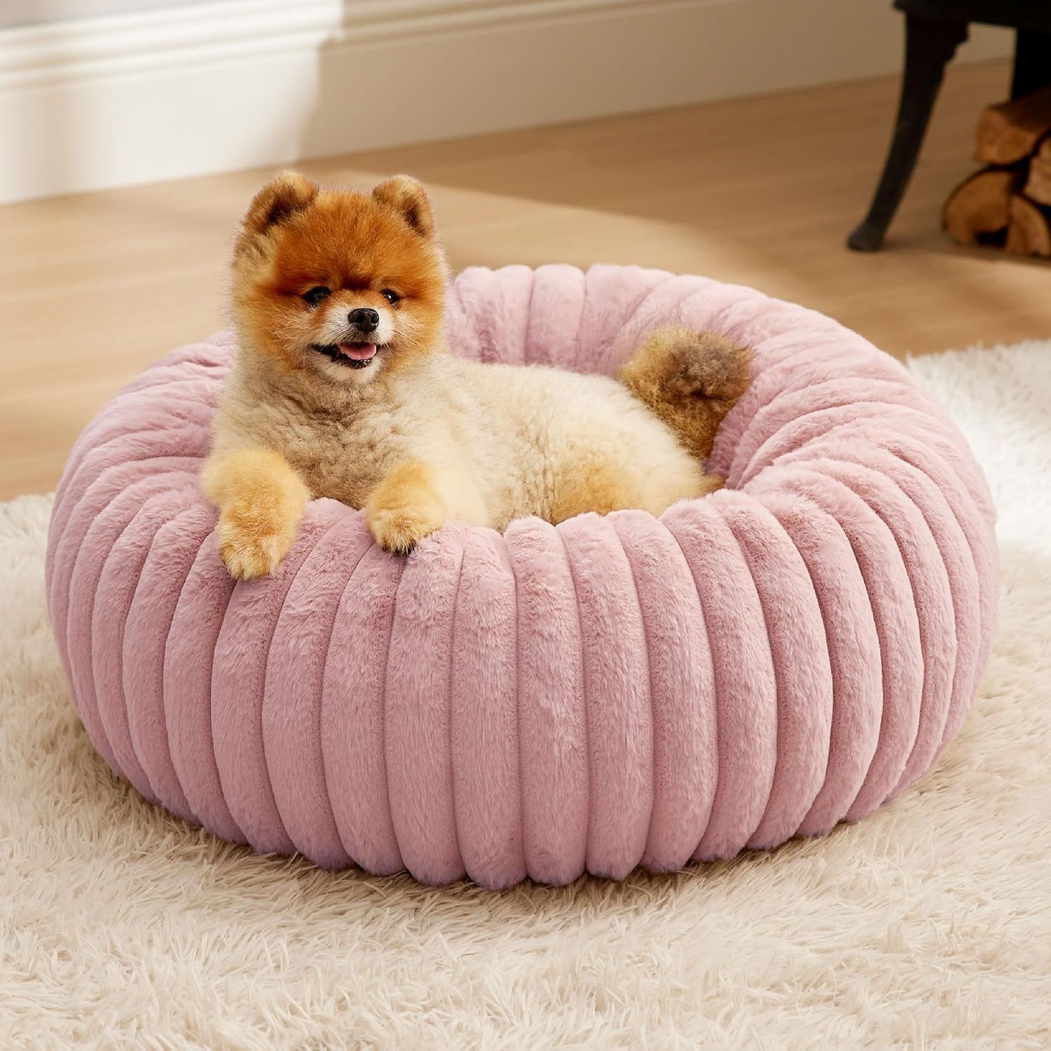 Calming Donut Pet Bed - Faux Rabbit Fur Soft Warm Round Cat Dog Bed - Plush Cozy Cuddler for Small Dogs Cats - Pink S 60cm - Image 2