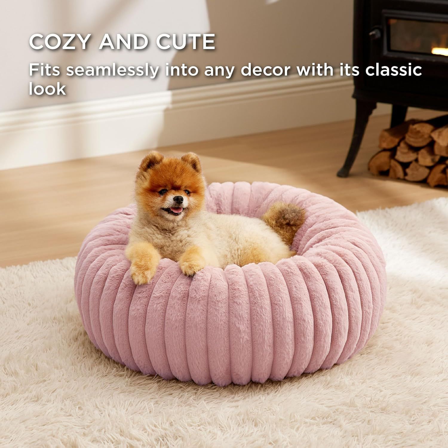 Calming Donut Pet Bed - Faux Rabbit Fur Soft Warm Round Cat Dog Bed - Plush Cozy Cuddler for Small Dogs Cats - Pink XL 90cm - Image 3