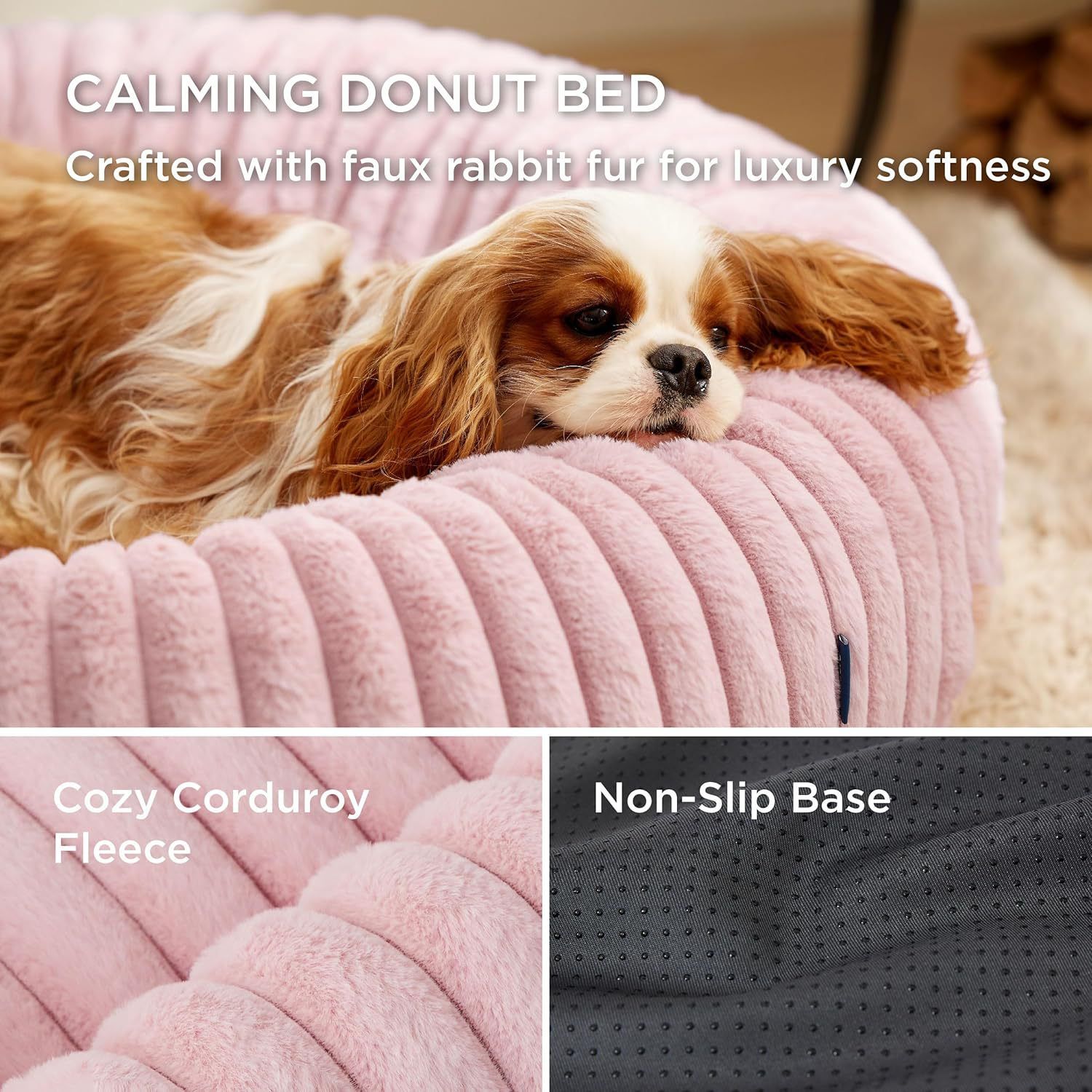 Calming Donut Pet Bed - Faux Rabbit Fur Soft Warm Round Cat Dog Bed - Plush Cozy Cuddler for Small Dogs Cats - Pink XS 50cm - Image 4