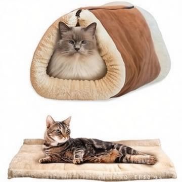 Cat Tunnel Bed 2-in-1 - Crinkle Sound Pet Tube with Crinkle Paper for Indoor Cats - Soft Plush Folding Cat Cave for Sleeping Playing - 90x57cm - Image 1