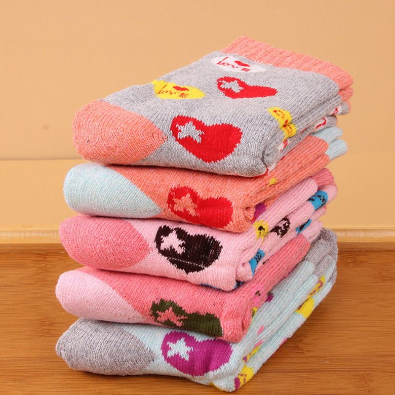 Wool Blend Terry Socks 5-Pack - Winter Thick Warm Mid Calf Crew Socks for Women - Colorful Heart Pattern Cotton Socks - 5 Pairs - Image 1