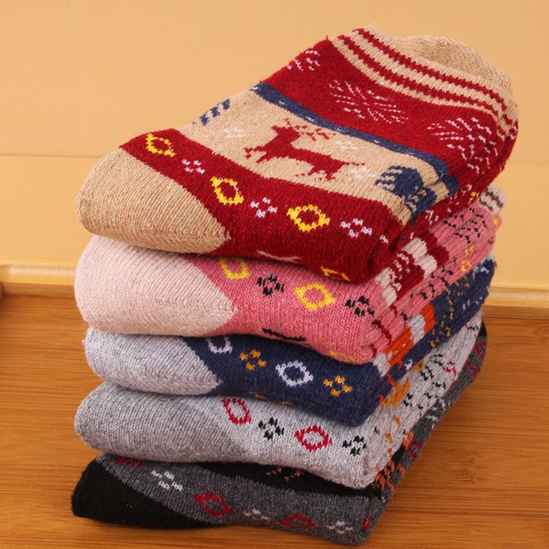 Wool Blend Terry Socks 5-Pack - Winter Thick Warm Mid Calf Crew Socks for Women - Snowflake Deer Pattern Cotton Socks - 5 Pairs - Image 1