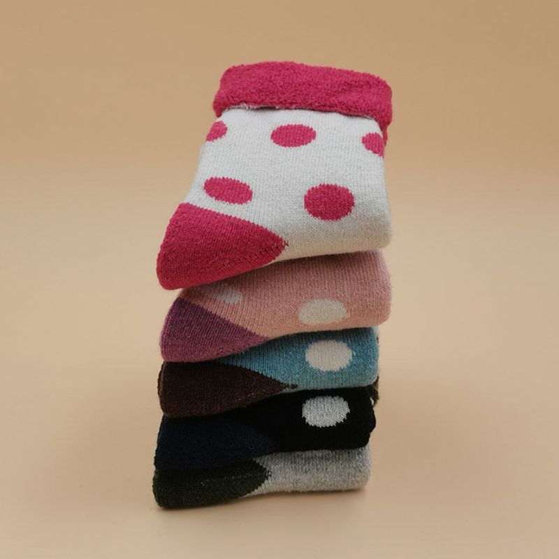 Wool Blend Terry Socks 5-Pack - Winter Thick Warm Mid Calf Crew Socks for Women - Polka Dot Pattern Cotton Socks - 5 Pairs - Image 1