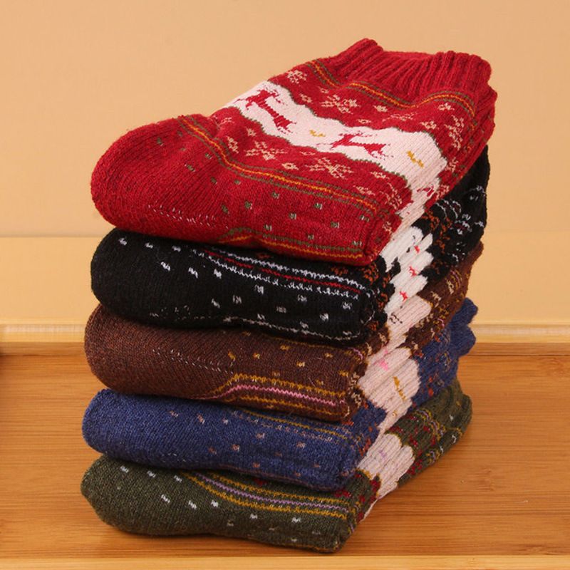 Wool Blend Terry Socks 5-Pack - Winter Thick Warm Mid Calf Crew Socks for Women - Golden Deer Pattern Cotton Socks - 5 Pairs - Image 1