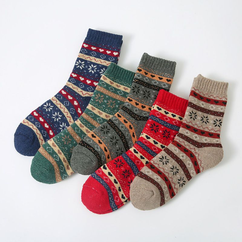 Wool Blend Terry Socks 5-Pack - Winter Thick Warm Mid Calf Crew Socks for Women - Heart Pattern Cotton Socks - 5 Pairs - Image 1