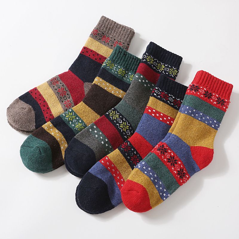 Wool Blend Terry Socks 5-Pack - Winter Thick Warm Mid Calf Crew Socks for Women - Ethnic Octagonal Pattern Cotton Socks - 5 Pairs - Image 1