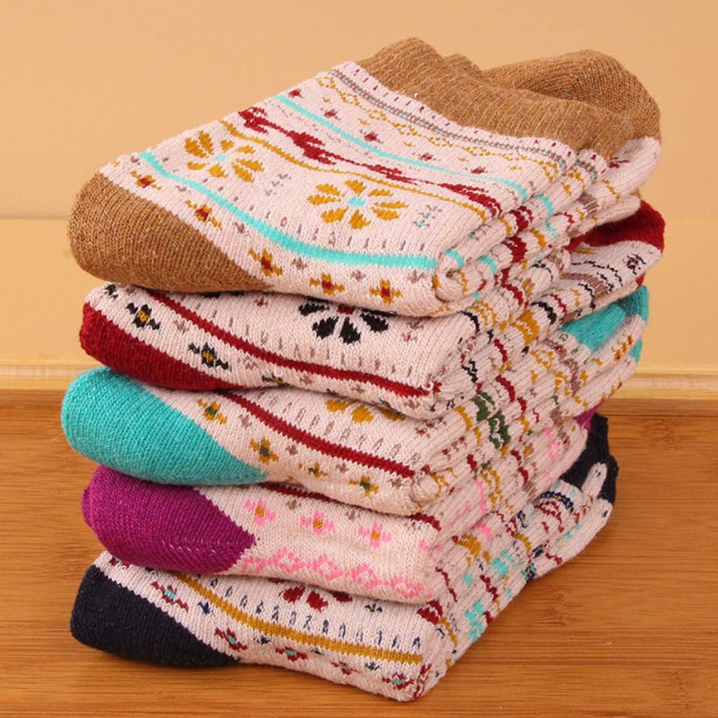 Wool Blend Terry Socks 5-Pack - Winter Thick Warm Mid Calf Crew Socks for Women - Vintage Snowflake Pattern Cotton Socks - 5 Pairs - Image 1