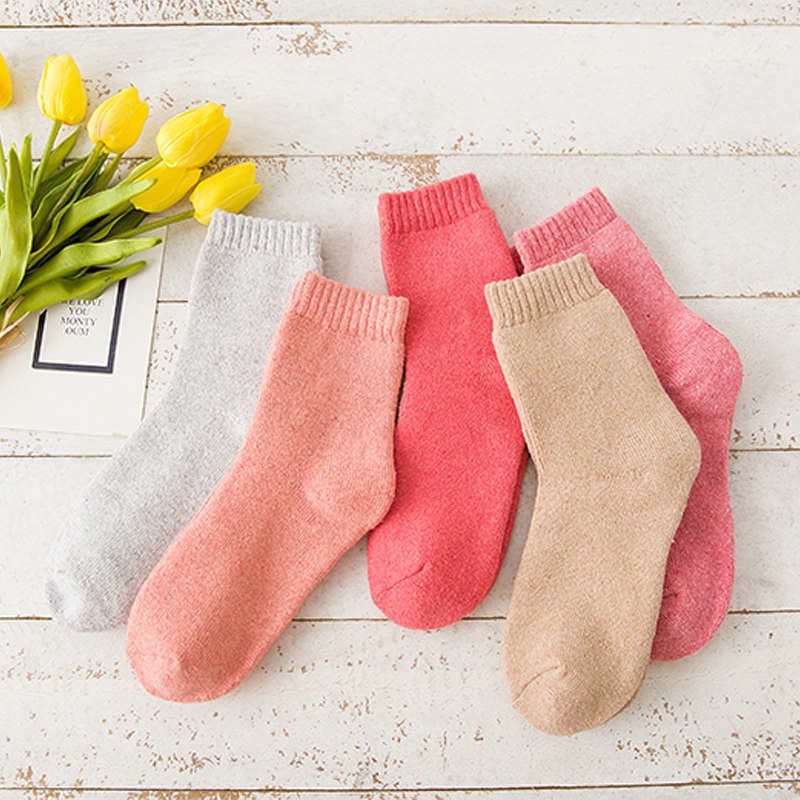 Wool Blend Terry Socks 5-Pack - Winter Thick Warm Mid Calf Crew Socks for Women - Solid Color Cotton Socks - 5 Pairs - Image 1