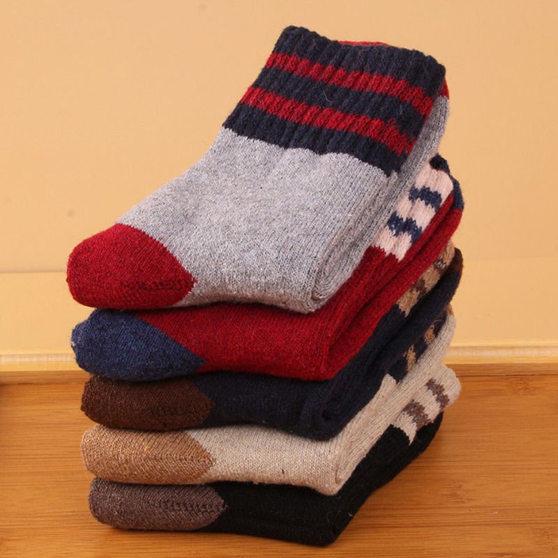 Wool Blend Terry Socks 5-Pack - Winter Thick Warm Mid Calf Crew Socks for Women - Two Stripe Pattern Cotton Socks - 5 Pairs - Image 1