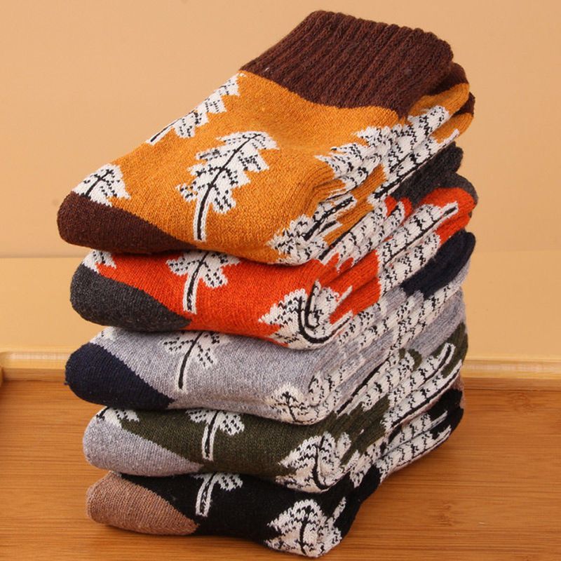 Wool Blend Terry Socks 5-Pack - Winter Thick Warm Mid Calf Crew Socks for Women - Christmas Tree Pattern Cotton Socks - 5 Pairs - Image 1