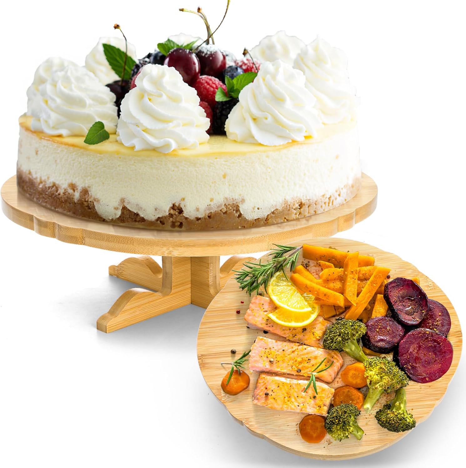 12 Inch Bamboo Cake Stand, One-Tier Wedding Cupcake Holder, Rustic Dessert Riser with Anti-Slip Pads, Pedestal Plate for Birthday, Tea Party, Baby Shower - Image 1