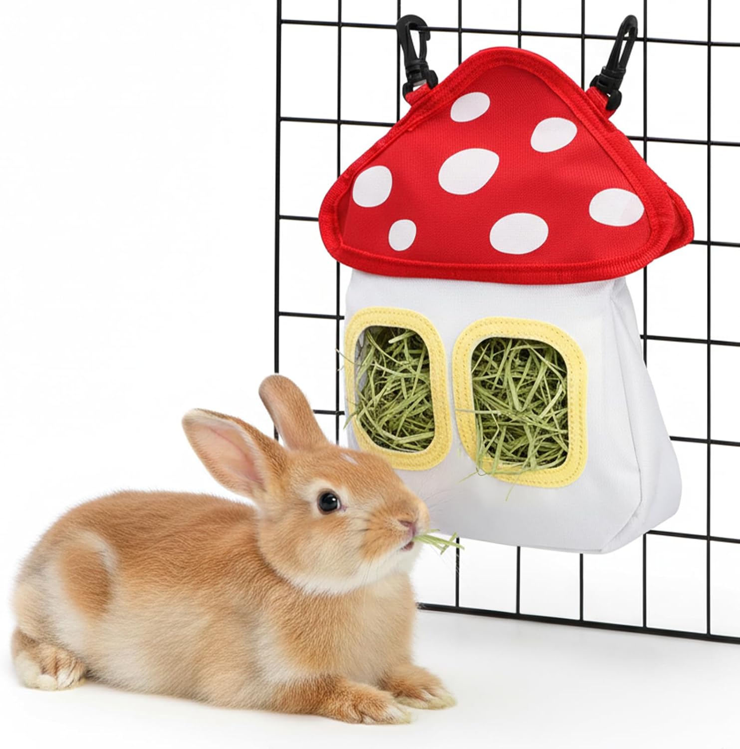 Bunny Hay Feeder Bag, Cute Mushroom Hanging Holder, Durable Dispenser with 600D Oxford Fabric for Guinea Pigs Chinchillas Hamster, Small Animal Cage Accessories - Image 1