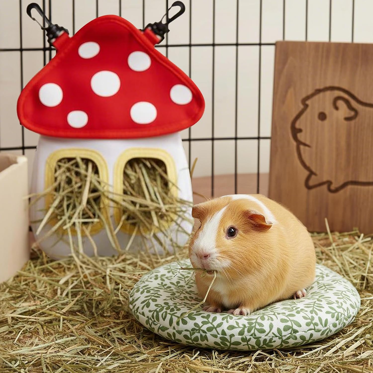 Bunny Hay Feeder Bag, Cute Mushroom Hanging Holder, Durable Dispenser with 600D Oxford Fabric for Guinea Pigs Chinchillas Hamster, Small Animal Cage Accessories - Image 6