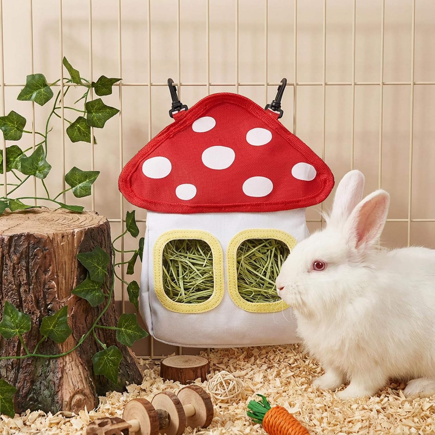 Bunny Hay Feeder Bag, Cute Mushroom Hanging Holder, Durable Dispenser with 600D Oxford Fabric for Guinea Pigs Chinchillas Hamster, Small Animal Cage Accessories - Image 7