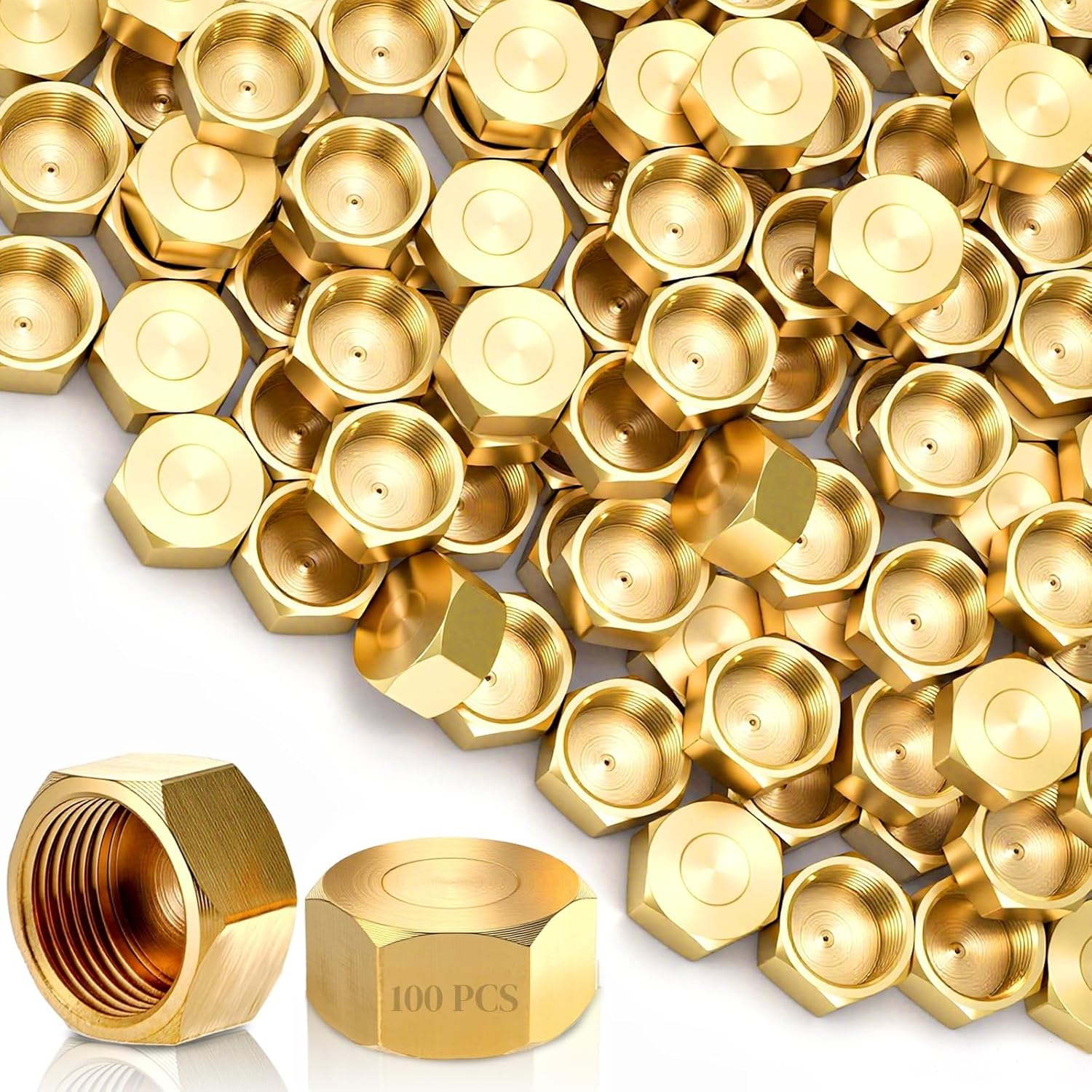 100 Pack Brass Compression Cap, Stop Value Caps, Drain Pipe Fittings for Hose Connector Nozzle Joints Outdoor Garden Water Air Line - Image 1