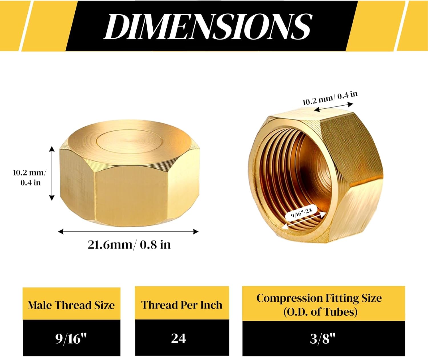 100 Pack Brass Compression Cap, Stop Value Caps, Drain Pipe Fittings for Hose Connector Nozzle Joints Outdoor Garden Water Air Line - Image 2