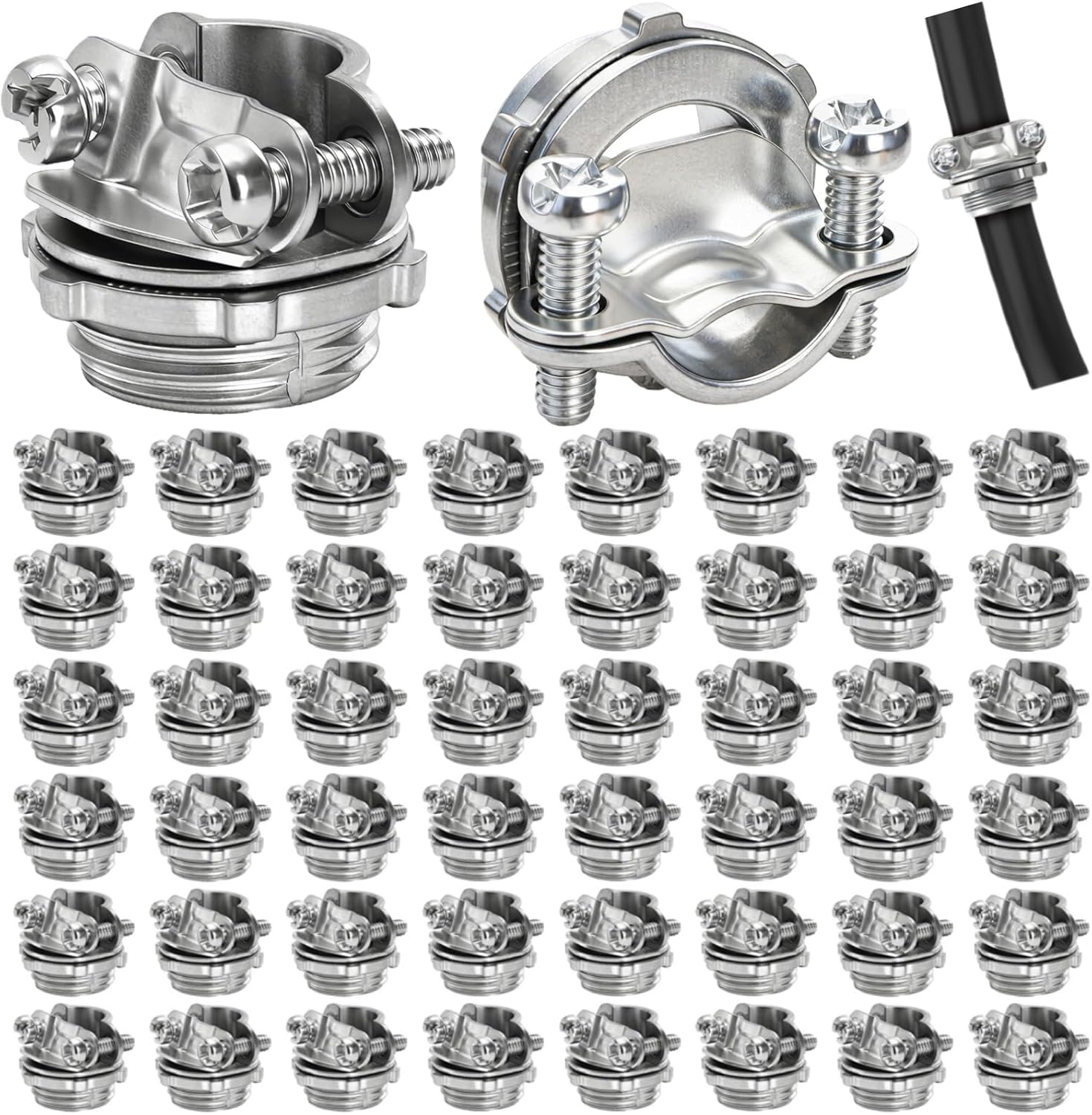 50 Pack 1/2 Inch Clamp Type Cable Connectors, Zinc Alloy and Steel Electrical Conduit Fittings for NM Cable, Rust Resistant Non-Metallic Wire Clamps to Protect Cables, Silver - Image 1