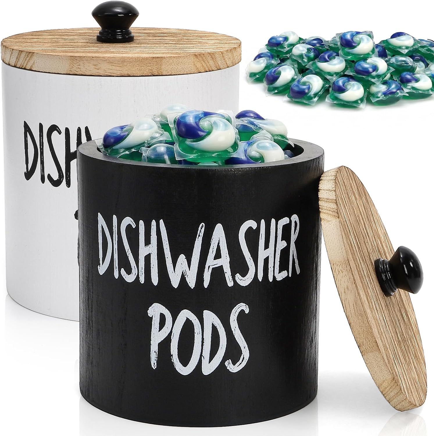 2 Pack Dishwasher Pod Container, Wood Tablet Holder with Lid, Round Laundry Pods Dispenser, Farmhouse Detergent Tin Organizer for Home Kitchen Cabinet Decor, Holds 25 pods - Image 1