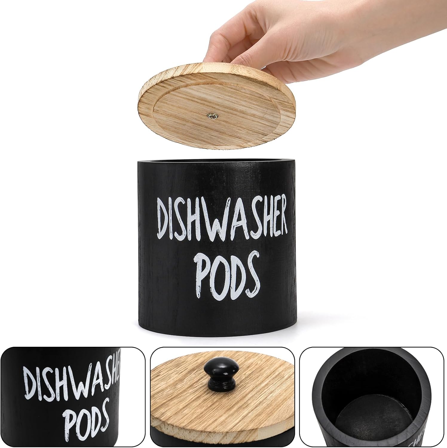 2 Pack Dishwasher Pod Container, Wood Tablet Holder with Lid, Round Laundry Pods Dispenser, Farmhouse Detergent Tin Organizer for Home Kitchen Cabinet Decor, Holds 25 pods - Image 2