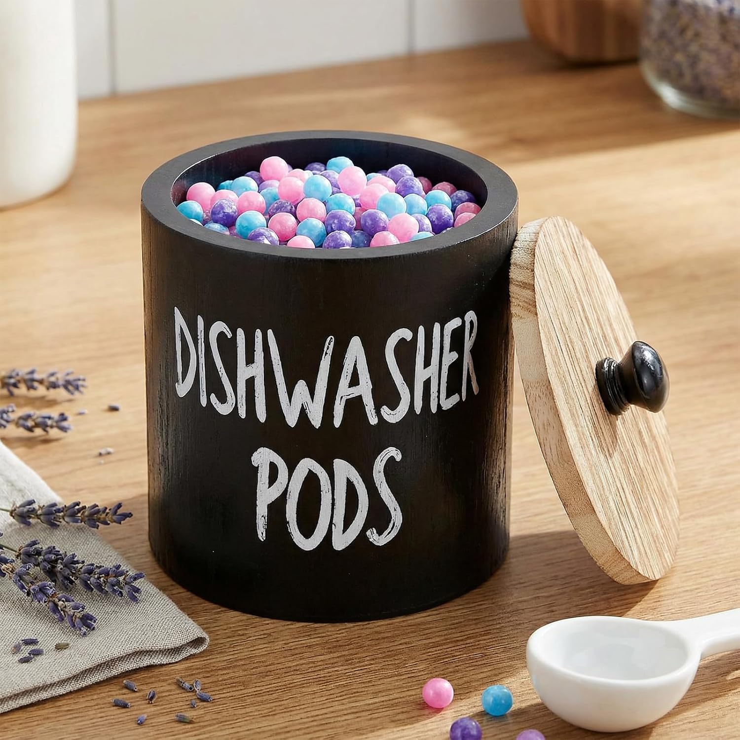 2 Pack Dishwasher Pod Container, Wood Tablet Holder with Lid, Round Laundry Pods Dispenser, Farmhouse Detergent Tin Organizer for Home Kitchen Cabinet Decor, Holds 25 pods - Image 5