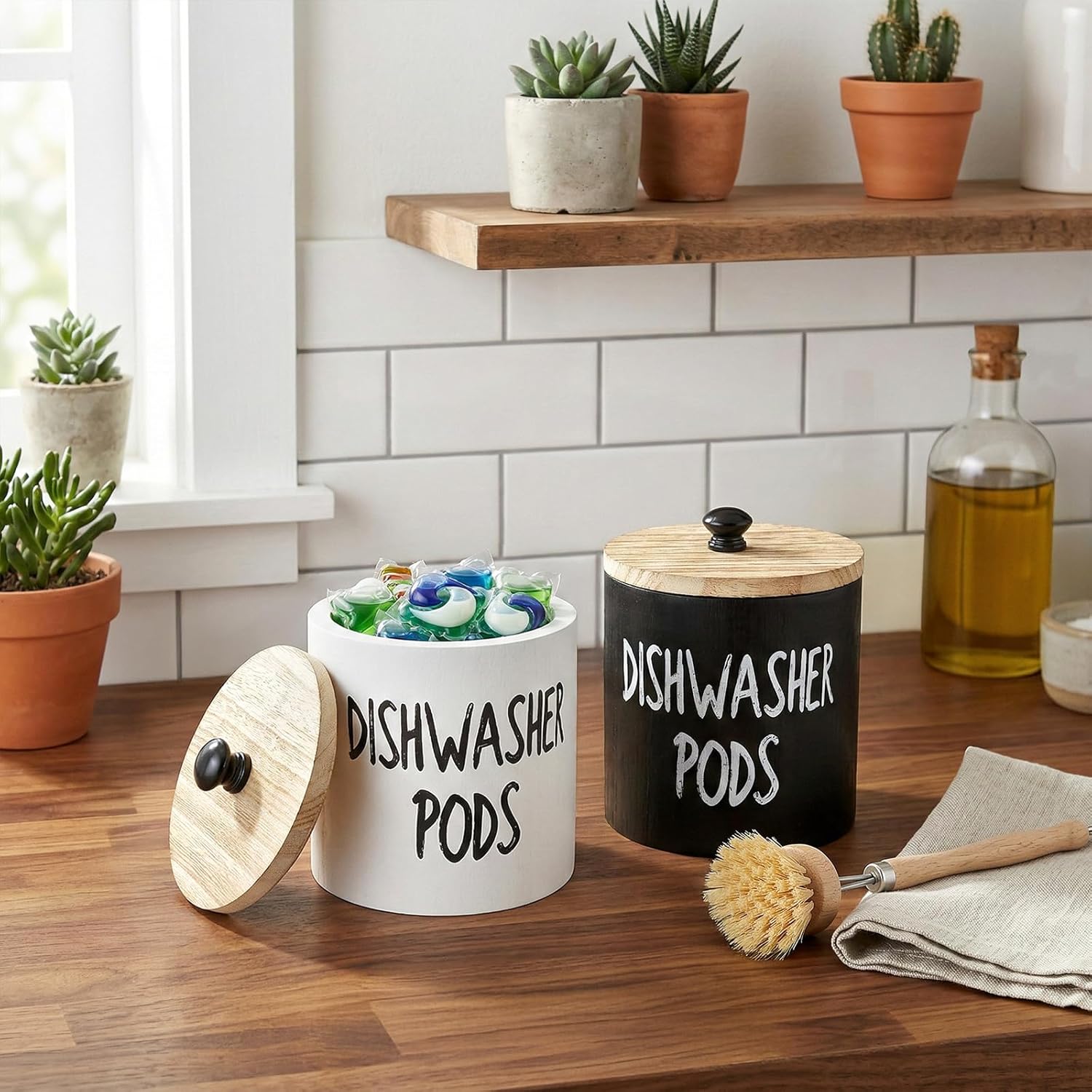 2 Pack Dishwasher Pod Container, Wood Tablet Holder with Lid, Round Laundry Pods Dispenser, Farmhouse Detergent Tin Organizer for Home Kitchen Cabinet Decor, Holds 25 pods - Image 7