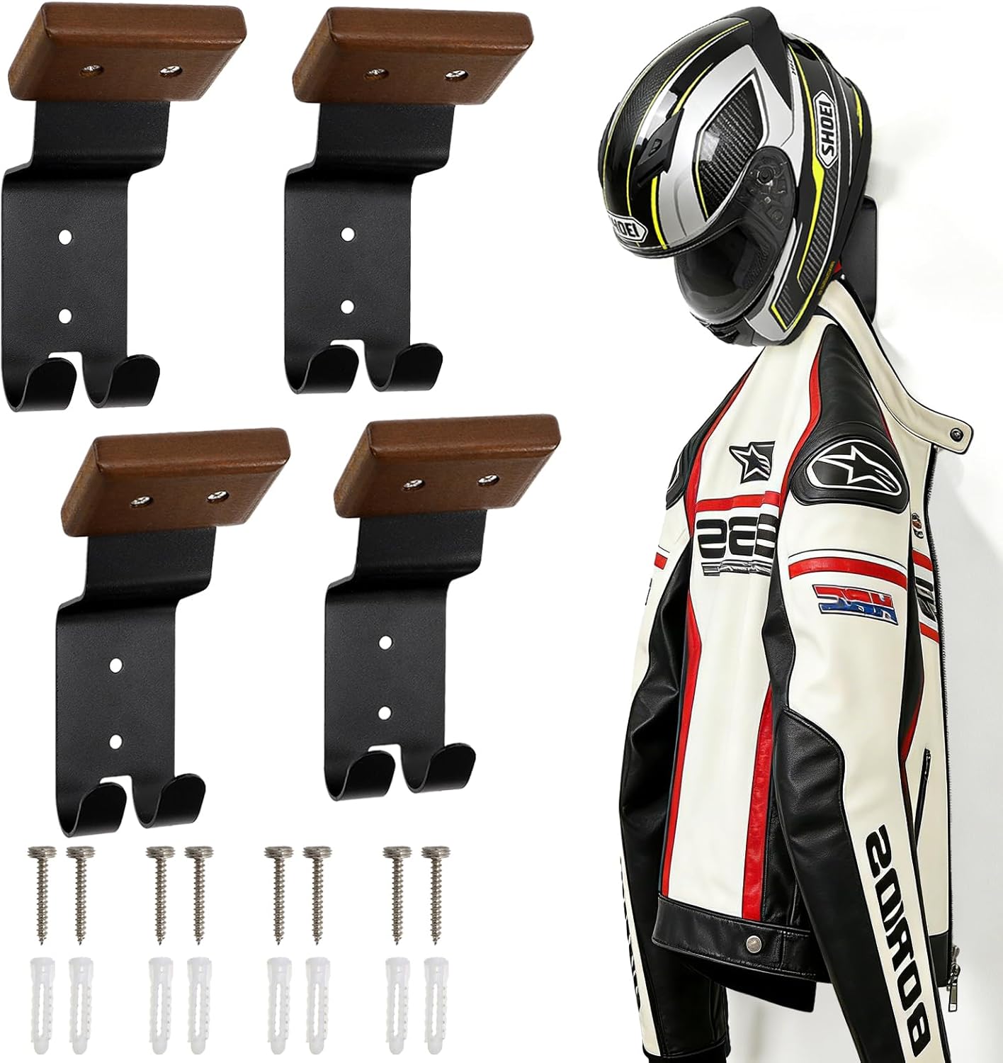 4 Pack Motorcycle Helmet Wall Mount, Helmets Holder with Double Key Hook, Hanger Gear Rack for Bike Baseball Tactical Football Skiing Accessories - Image 1