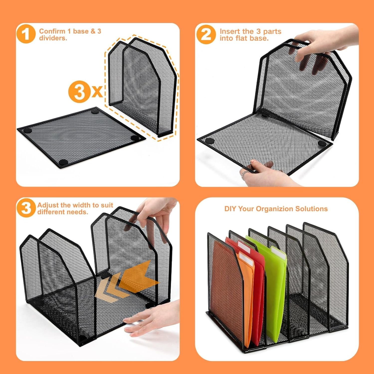 Adjustable Desk File Organizer, 5 Sections Upright Desktop Standing Wire Mesh Paper Divider, Sturdy Metal Folder Sorter for Office Supplies - Image 4