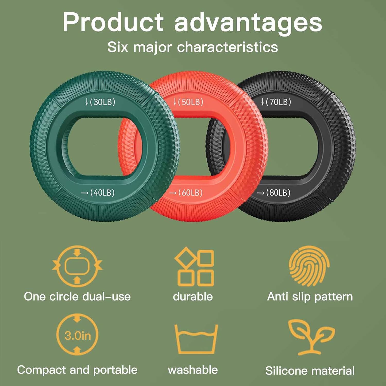 Grip Strength Trainer (30-80lbs) - 6 Resistance Levels, 3PCS Silicone Hand Strengthener Rings for Rock Climbing, Athletes, Finger Workout & Stress Relief Double Force Design 3 colors - Image 6