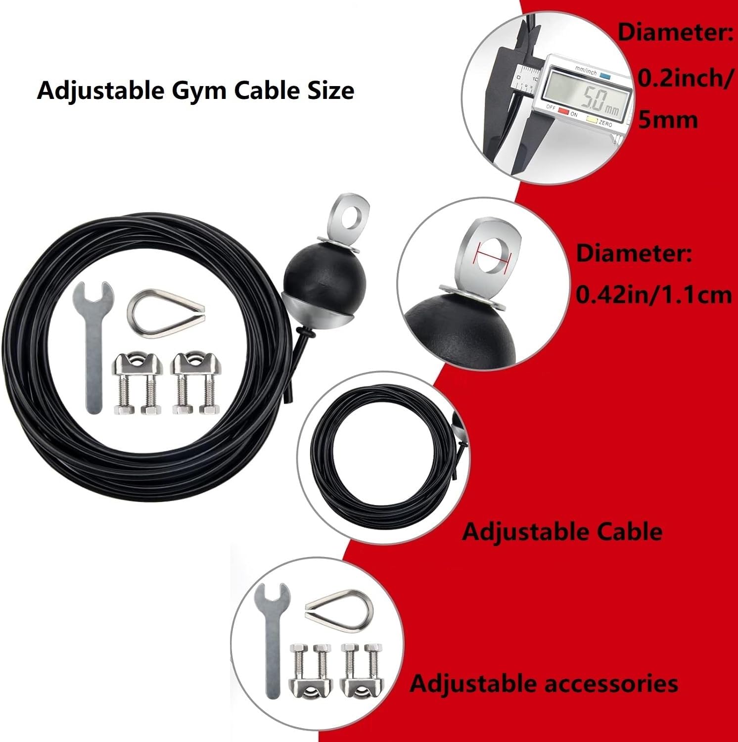 Adjustable Fitness Pulley Cable,Replacement Cable Machine Accessories,Cable Attachments for Gym -Thick 5mm(0.2inch) Heavy Duty Steel Wire Rope Home  138