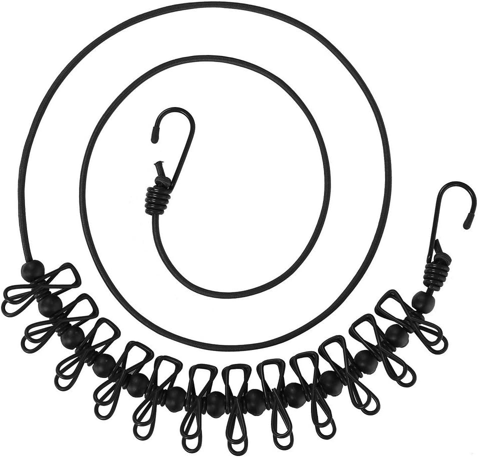 Portable Travel Clothesline, Adjustable Elastic Camping Retractable Clothesline with 12pcs Clips for Outdoor and Indoor Use (Black) Black - Image 1