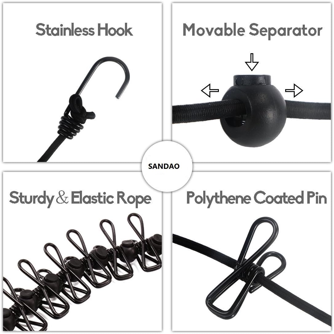 Portable Travel Clothesline, Adjustable Elastic Camping Retractable Clothesline with 12pcs Clips for Outdoor and Indoor Use (Black) Black - Image 2