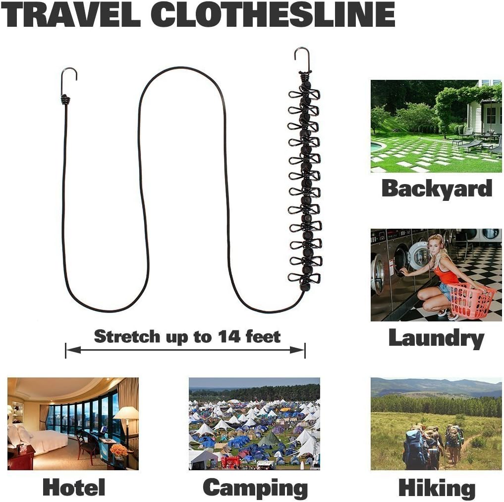 Portable Travel Clothesline, Adjustable Elastic Camping Retractable Clothesline with 12pcs Clips for Outdoor and Indoor Use (Black) Black - Image 4