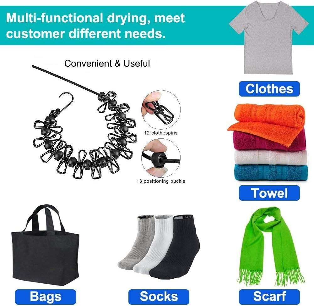 Portable Travel Clothesline, Adjustable Elastic Camping Retractable Clothesline with 12pcs Clips for Outdoor and Indoor Use (Black) Black - Image 7