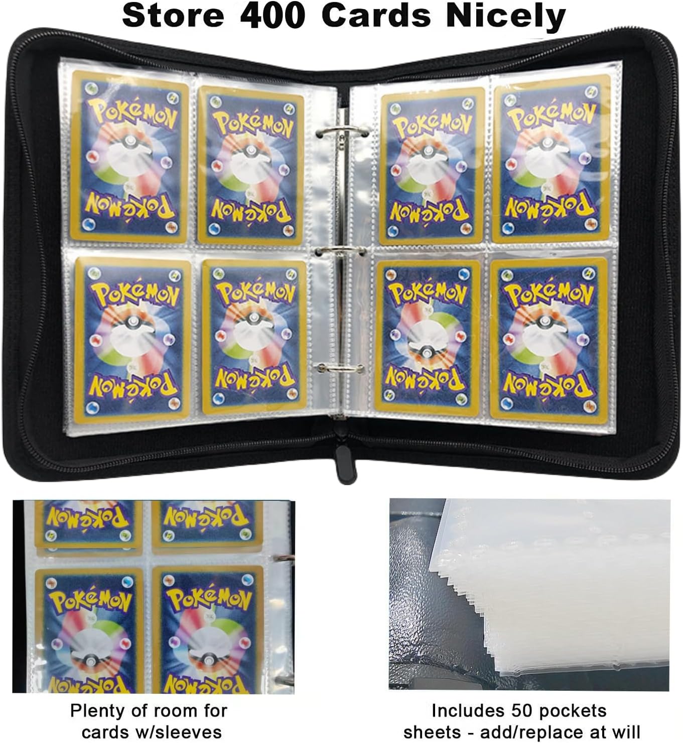 Trading Card Binder 4 Pocket,400 Pockets for Pokemon Cards with Zipper,50 Sleeves Holder Compatible Standard Card,Sport Card,Game Card-Gift Boy and Girl(4-Pockets, Black) Black 4-Pockets - Image 2