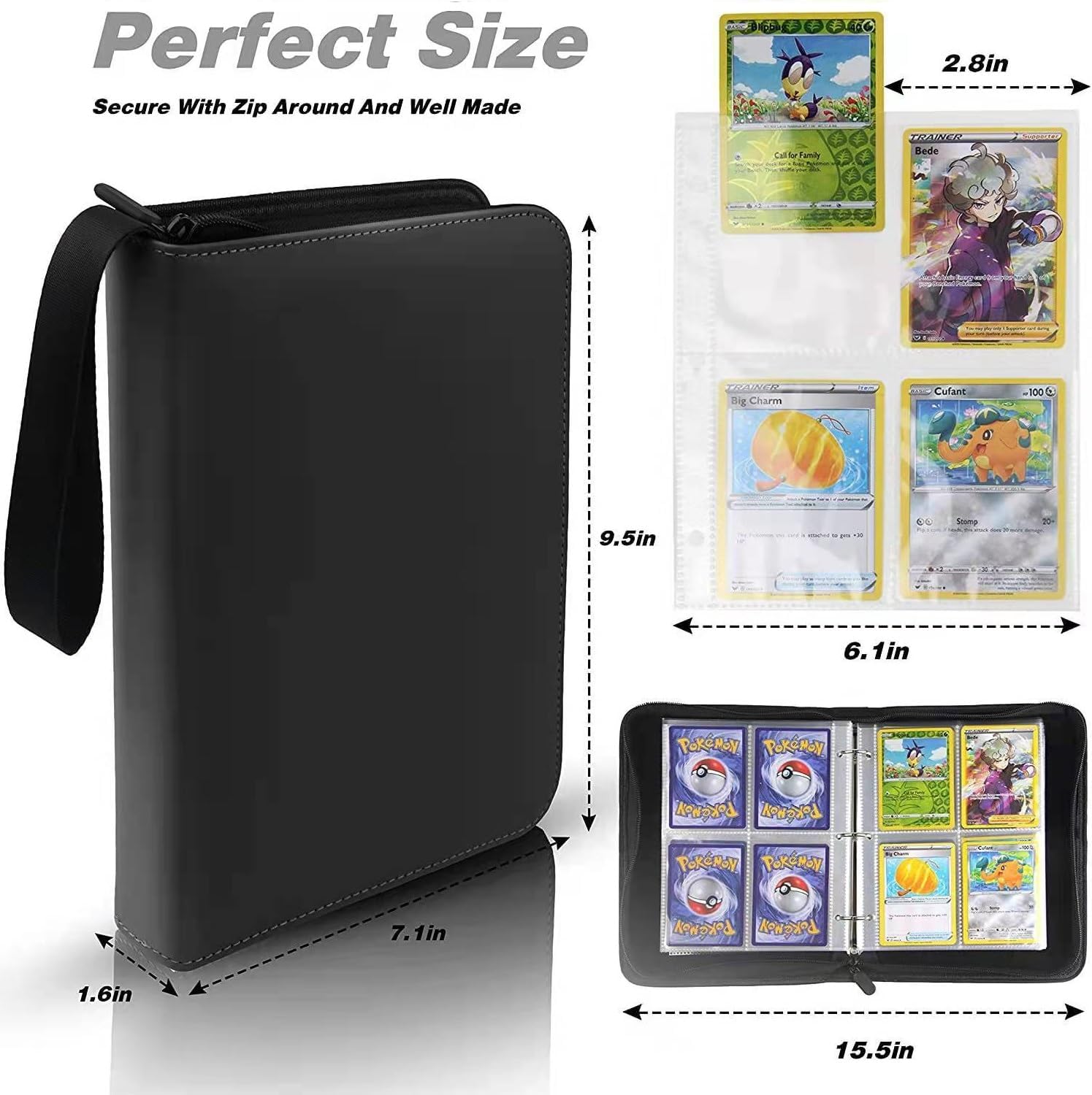 Trading Card Binder 4 Pocket,400 Pockets for Pokemon Cards with Zipper,50 Sleeves Holder Compatible Standard Card,Sport Card,Game Card-Gift Boy and Girl(4-Pockets, Black) Black 4-Pockets - Image 6