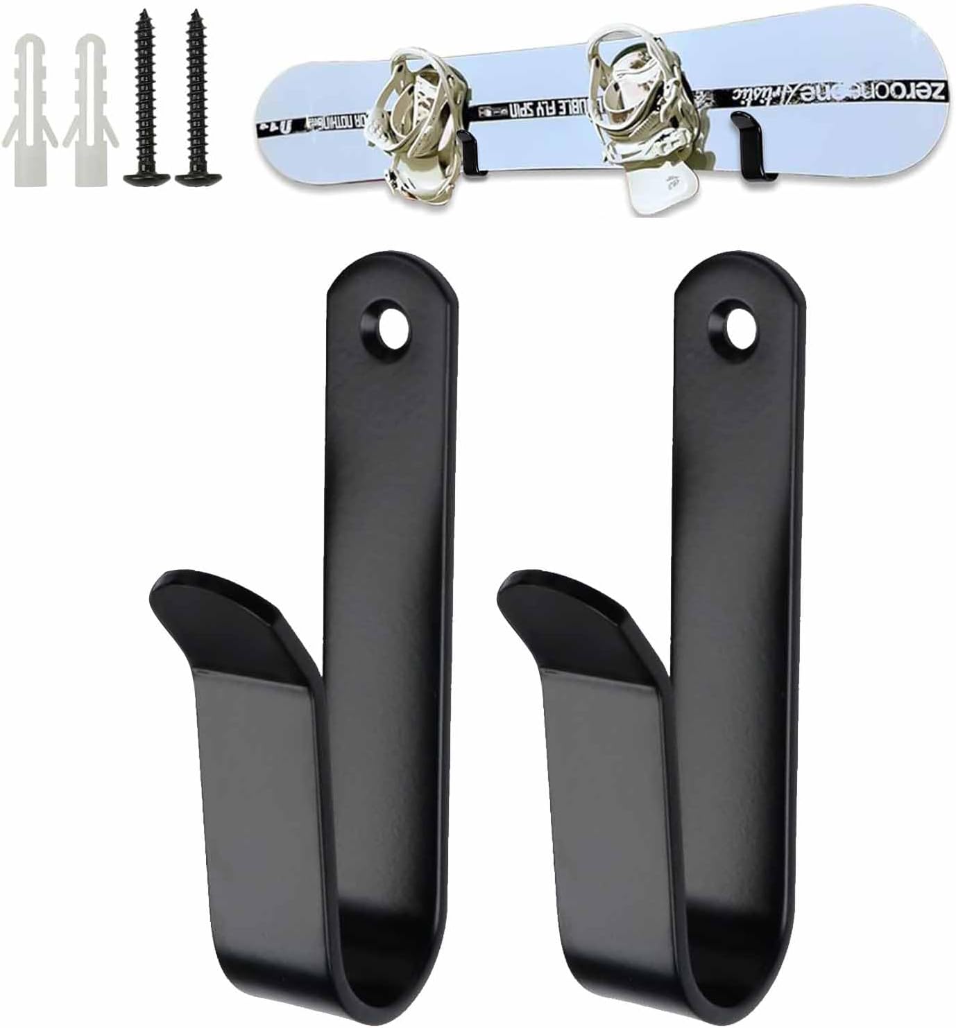 Snowboard Wall Mount & Skateboard Display Rack - Horizontal Hanger Clips for Snowboards, Longboards, Skateboards Space Saving Storage Solution Garage, Bedroom, Living Room (Black, 2 PCS) Black PCS - Image 1
