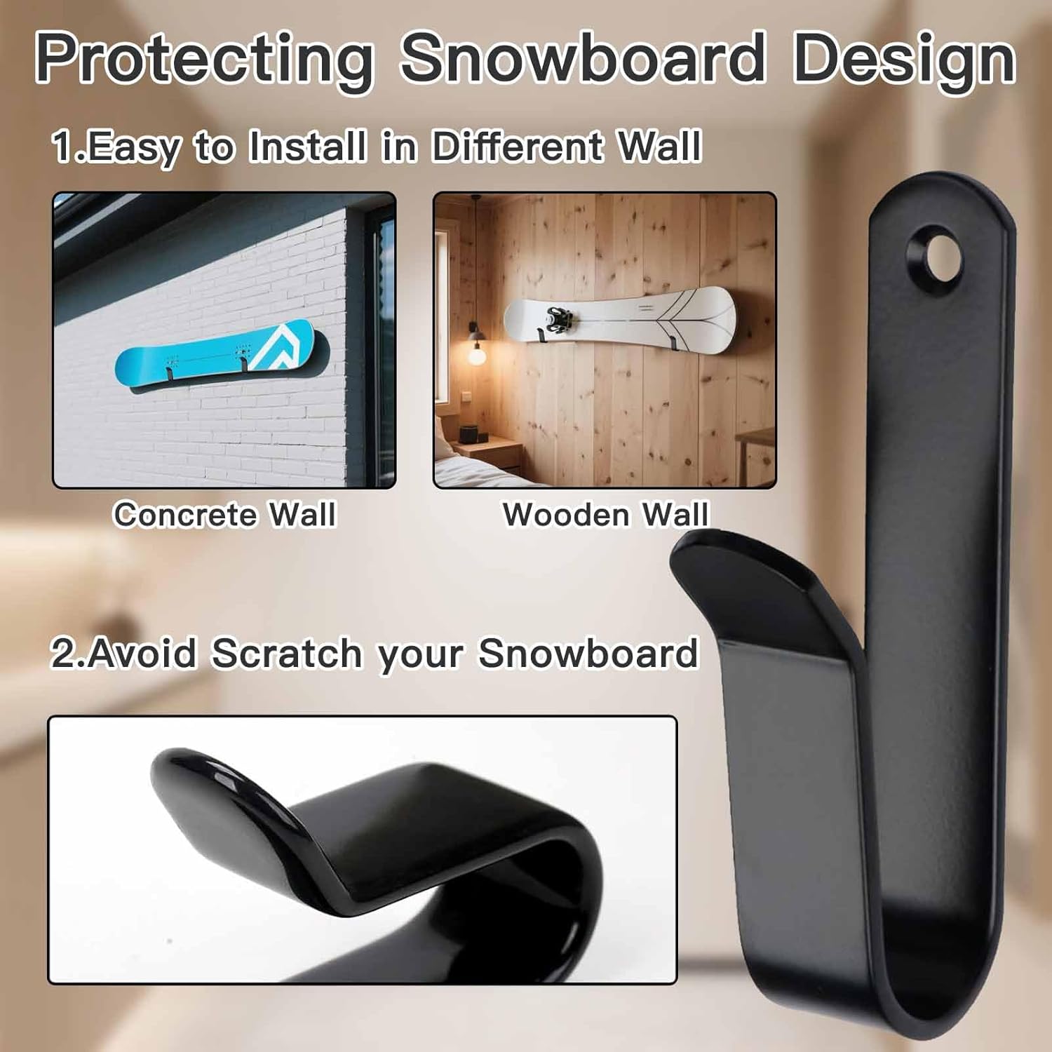 Snowboard Wall Mount & Skateboard Display Rack - Horizontal Hanger Clips for Snowboards, Longboards, Skateboards Space Saving Storage Solution Garage, Bedroom, Living Room (Black, 2 PCS) Black PCS - Image 3