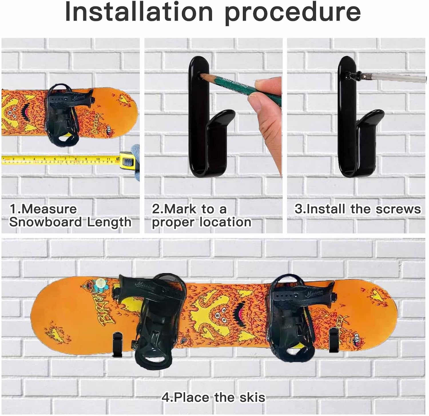 Snowboard Wall Mount & Skateboard Display Rack - Horizontal Hanger Clips for Snowboards, Longboards, Skateboards Space Saving Storage Solution Garage, Bedroom, Living Room (Black, 2 PCS) Black PCS - Image 4