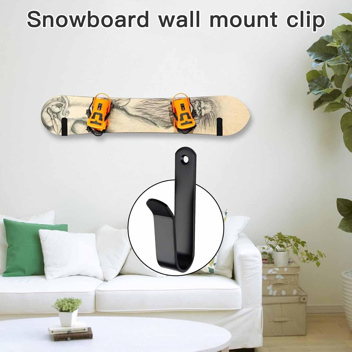 Snowboard Wall Mount & Skateboard Display Rack - Horizontal Hanger Clips for Snowboards, Longboards, Skateboards Space Saving Storage Solution Garage, Bedroom, Living Room (Black, 2 PCS) Black PCS - Image 5