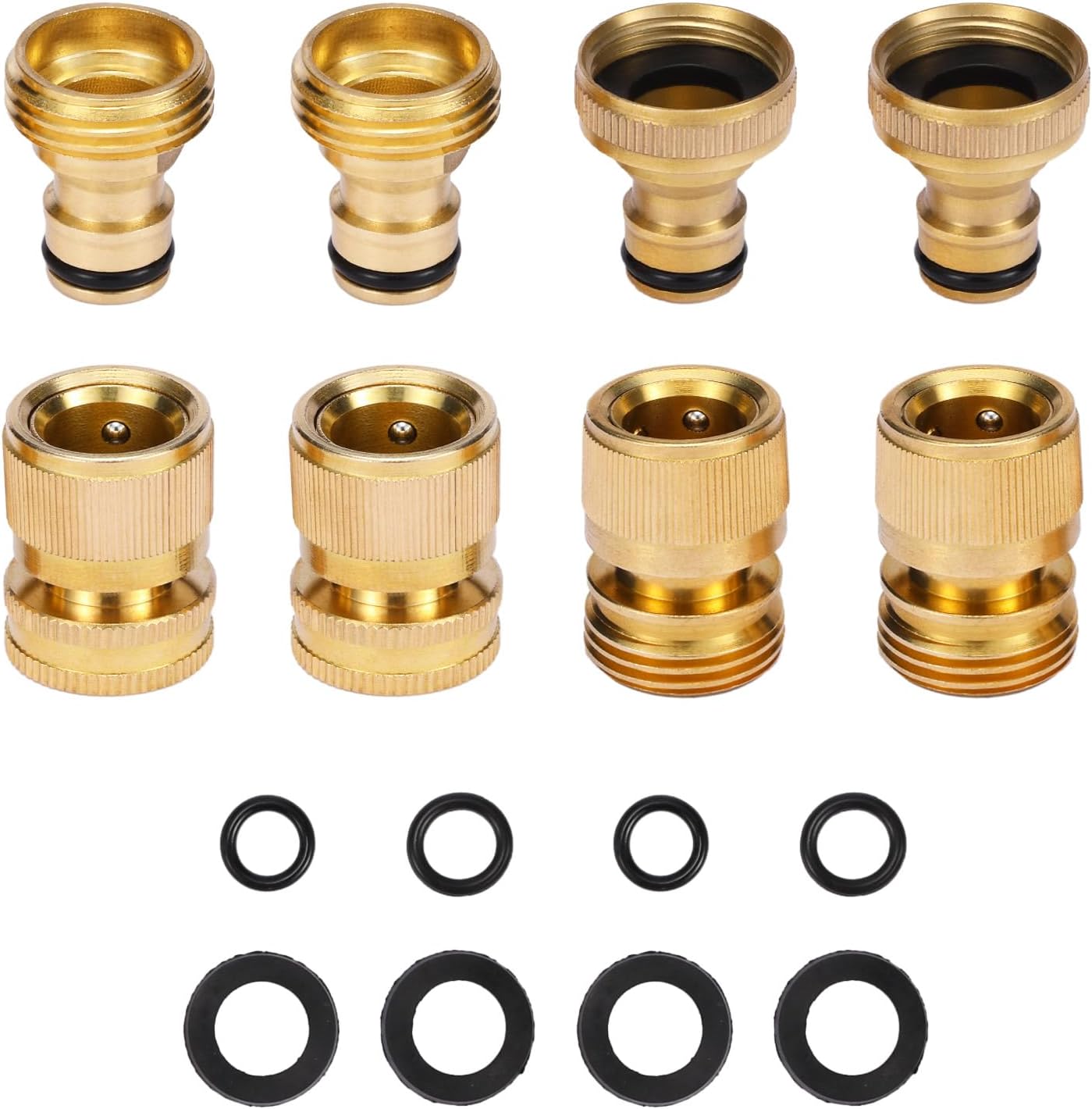 Garden Hose Quick Connect Solid Brass Connector Water Connectors Easy Fittings Standard 3/4 inch GHT, 4 Complete Sets female & Male, Free Washers Gaskets - Image 1