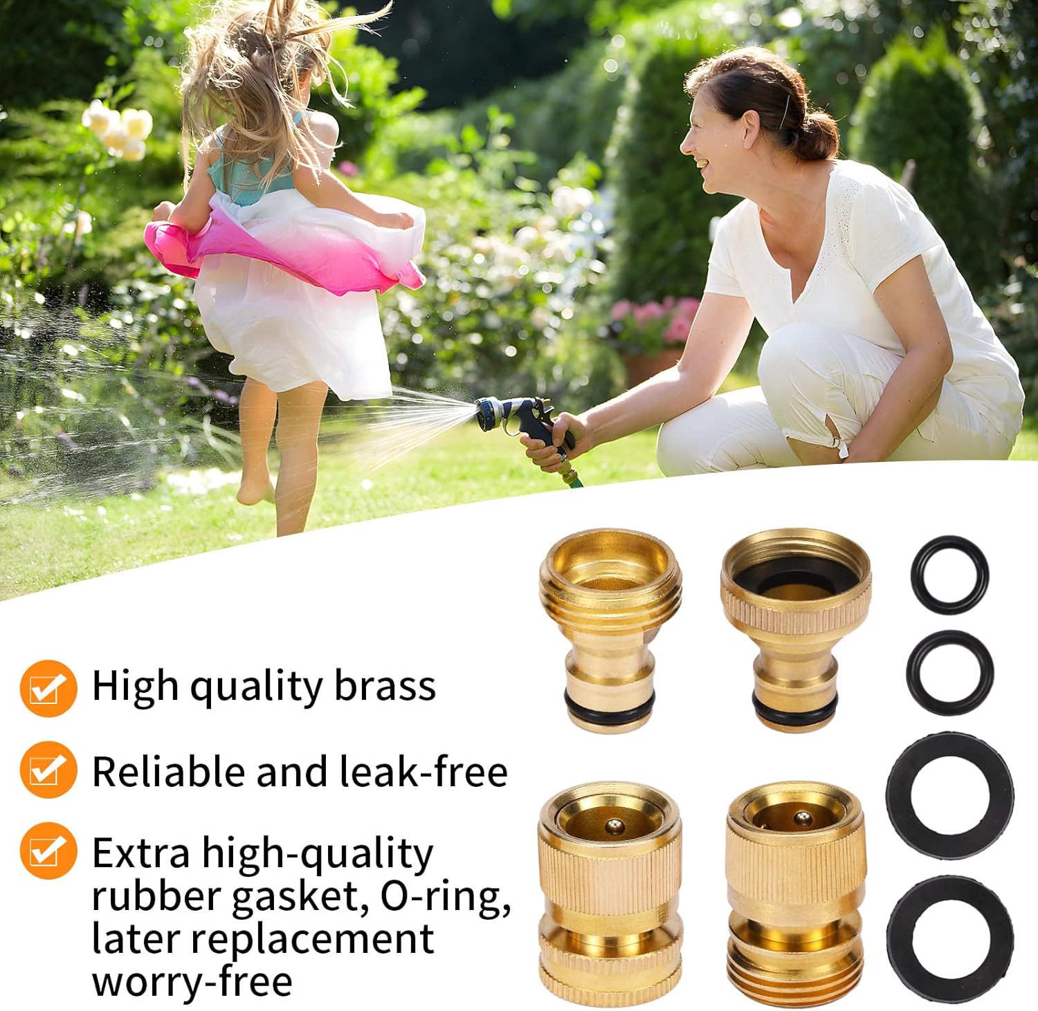 Garden Hose Quick Connect Solid Brass Connector Water Connectors Easy Fittings Standard 3/4 inch GHT, 4 Complete Sets female & Male, Free Washers Gaskets - Image 4