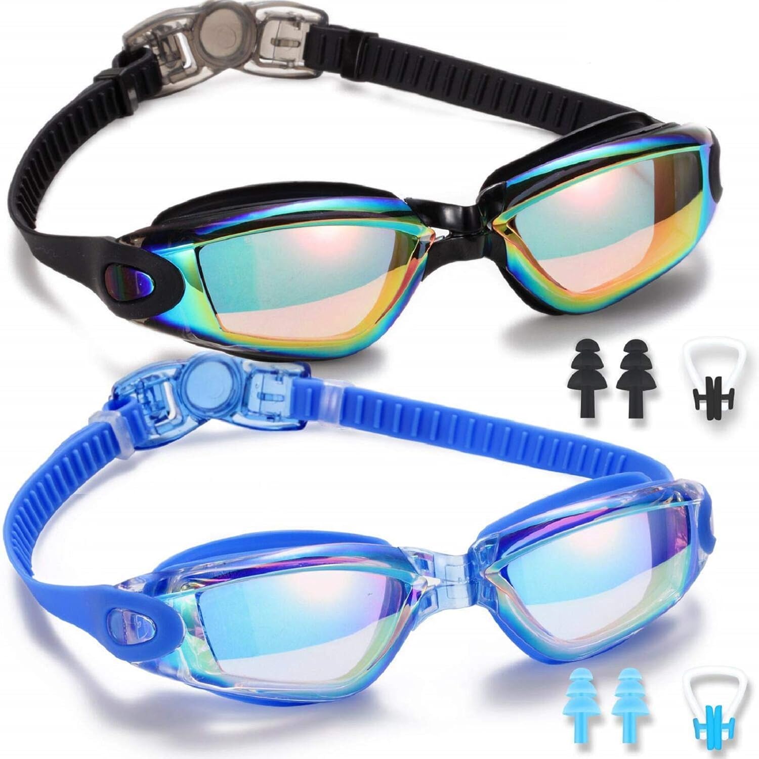 Swim Goggles, 2 Pack Swimming Goggles for Adult Men Women Youth Kids Child Black/Blue(mirrored) - Image 1