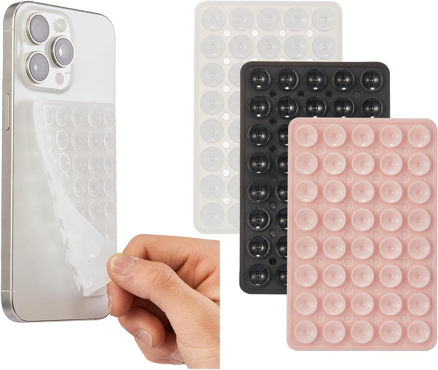3 Pack Silicone Sticky Grip Holder for Cellphone, Suction Cup Phone Mount Hands-Free Double Sided Strong Selfie & Videos, Pink/Black/Transparent - Image 1